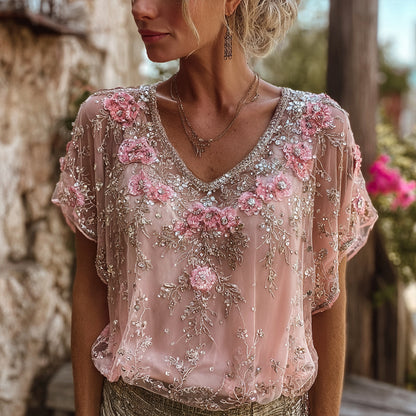 Women's Floral Embroidered Linen Blend Breathable T-shirt