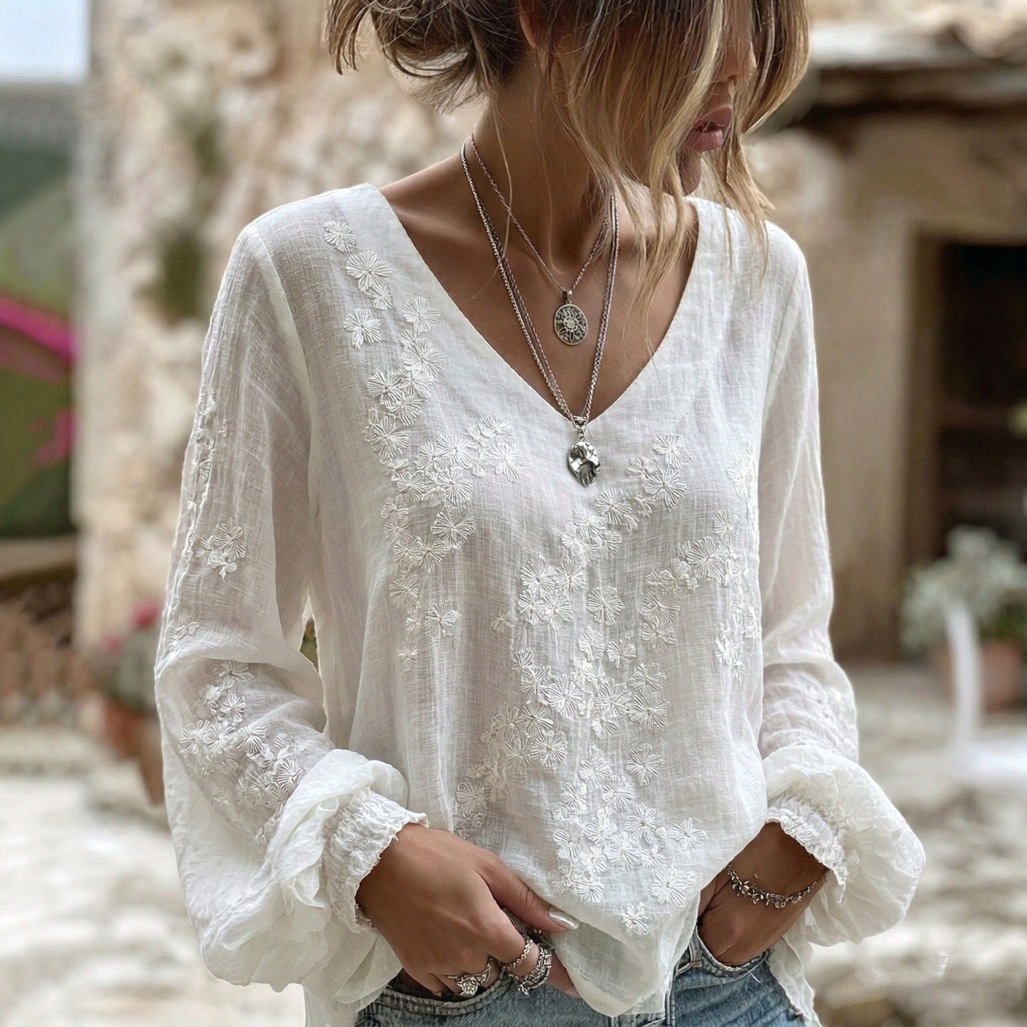 Women's Japanese Floral Art Print V Neck Long Sleeve T-shirt