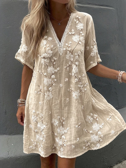 Women's Vintage Floral Print V-neck Short-sleeve Linen Dress
