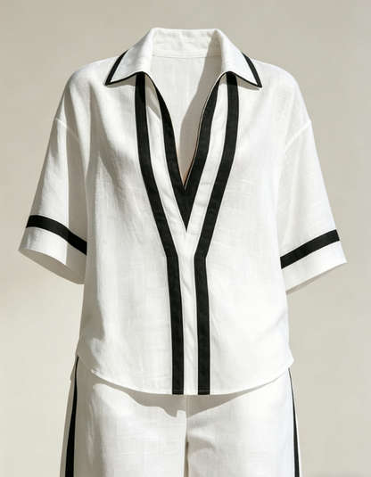 🤩🤩Stylish Trimmed Edge Color-blocked Cotton Linen Two-piece Set