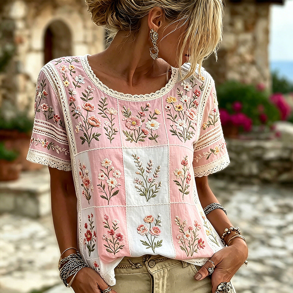Women's Floral And Lace Art Embroidery Spliced Vintage Casual Short Sleeve Top