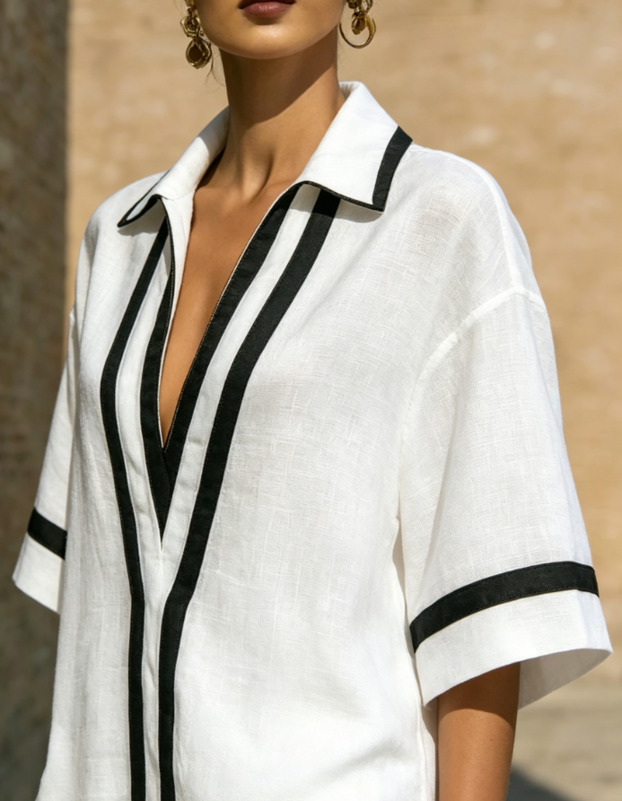 🤩🤩Stylish Trimmed Edge Color-blocked Cotton Linen Two-piece Set