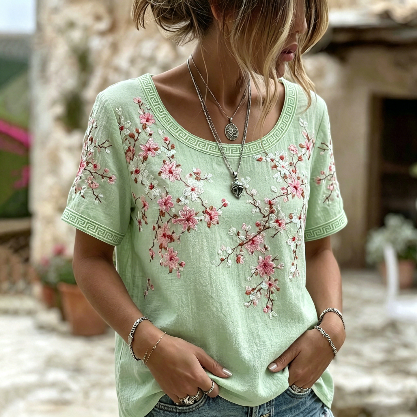Women's Vintage  Japanese Cherry Blossom Art Round Neck Short Sleeve T-shirt