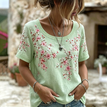 Women's Vintage  Japanese Cherry Blossom Art Round Neck Short Sleeve T-shirt