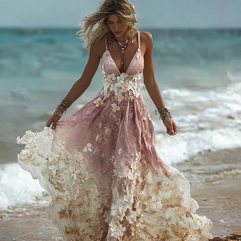 Bohemian Style Plant Flower Gradient Color Long Dress