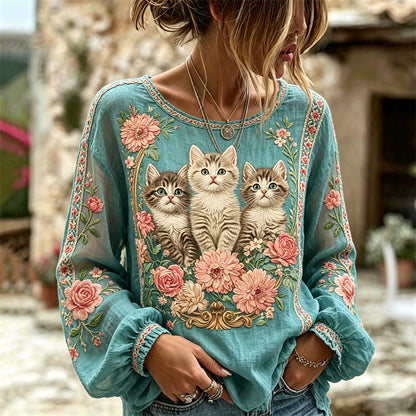 Vintage Fuzzy Cats Boho Floral Flowy Linen Tunic