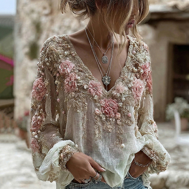 Women's Pink Rose Embroidery Art V Neck Long Sleeve Linen Blend T-shirt
