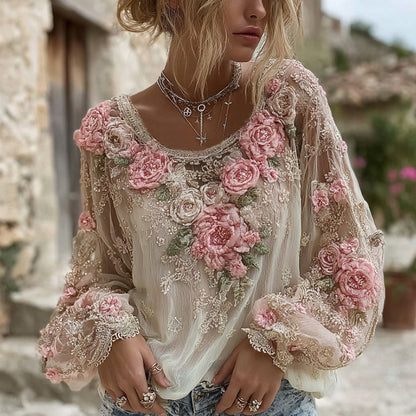 Women's Pink Rose Embroidery Art Round Neck Long Sleeve Linen Blend T-shirt