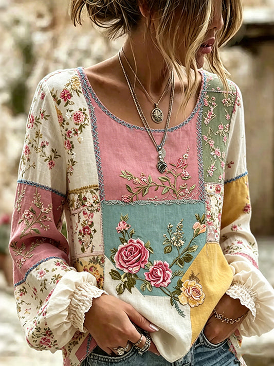 Women's Vintage Floral Patchwork Art Crew Neck Long Sleeve Linen T-shirt