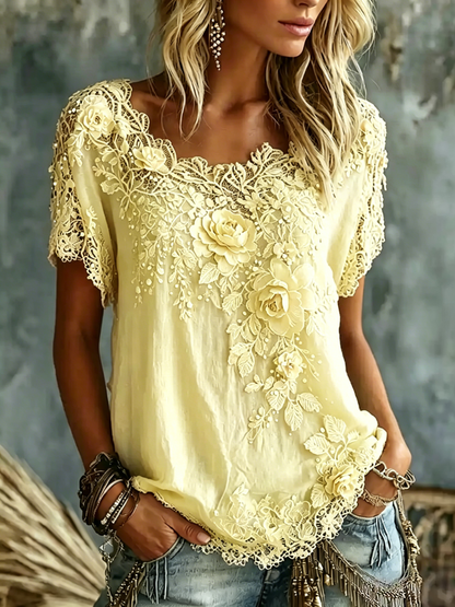 Women's Vintage Rose Floral Art Casual Cotton Linen Short-sleeved T-shirt