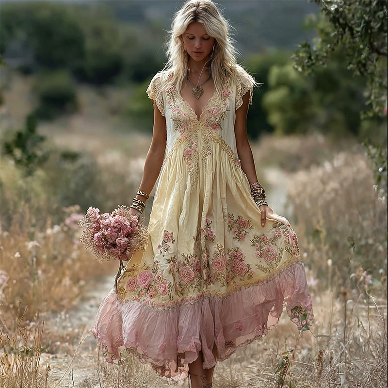 Boho Pink Floral Embroidered Lace Trim Flowy Linen Maxi Dress