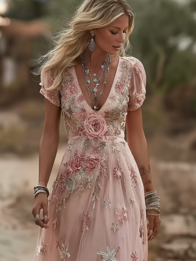 Vintage Boho Pink Roses Art Short Sleeve Maxi Dress