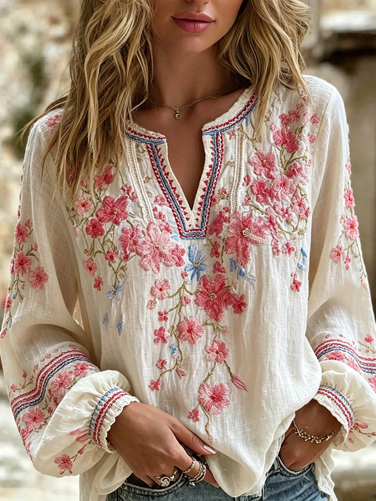 Women's Floral Embroidery Casual Cotton Linen Long-sleeved T-shirt
