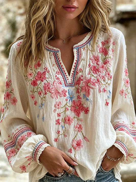 Women's Floral Embroidery Casual Cotton Linen Long-sleeved T-shirt