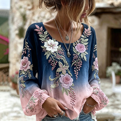 Women's Retro Floral Gradient Art Round Neck Long Sleeve T-shirt