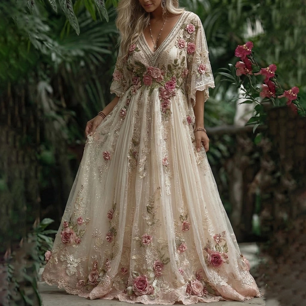 Women's Vintage Roses Embroidery Art V-neck Maxi Dress