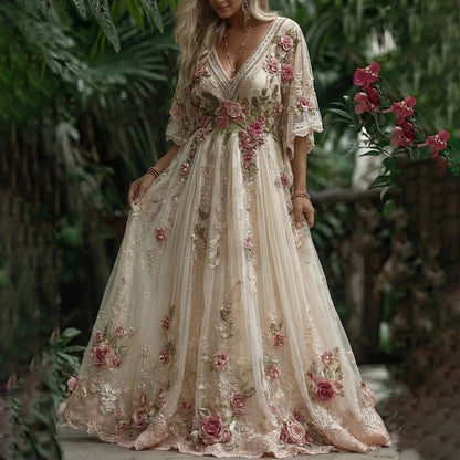 Women's Vintage Roses Embroidery Art V-neck Maxi Dress