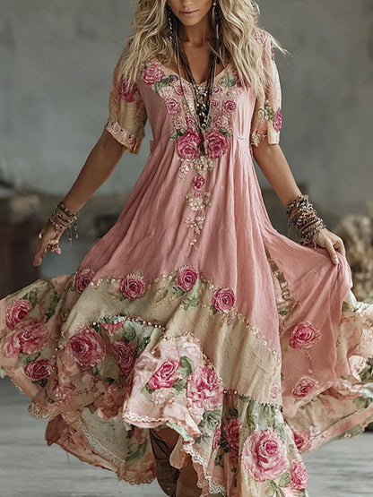 Women's Floral Roses Art Print Flowy Linen Blend Casual Short Sleeve Maxi Dress