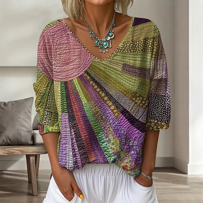 Women's Vintage Floral In Gradient Art Print Flowy Linen Blend  Three-quarter Sleeve V Neck Linen Tops