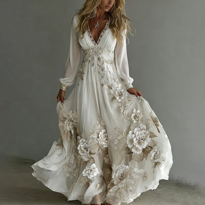 Women's Vintage Vintage Boho Floral Art V-neck Long Sleeves Maxi Dress