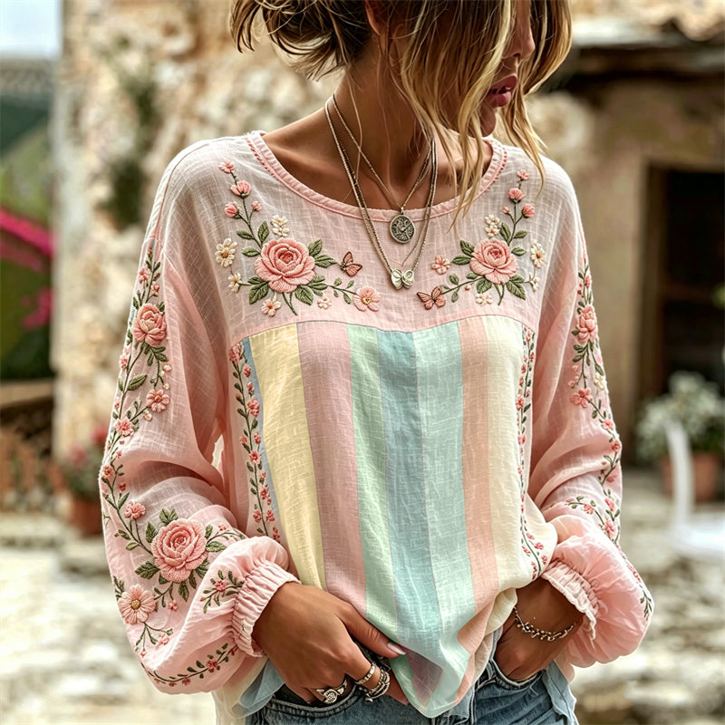 Boho Pink Roses Floral Colorblock Flowy Linen Tunic