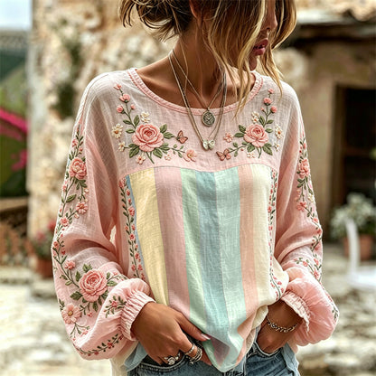 Boho Pink Roses Floral Colorblock Flowy Linen Tunic