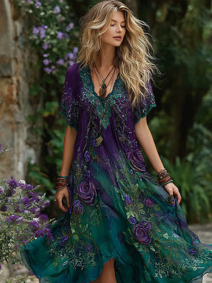 Women's Retro Purple Rose Pattern Casual Short-sleeve V-neck Dress
