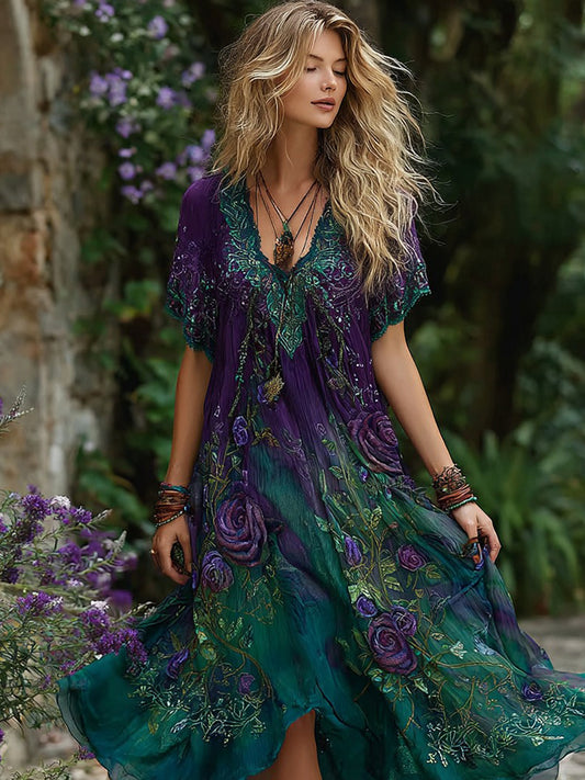 Women's Retro Purple Rose Pattern Casual Short-sleeve V-neck Dress
