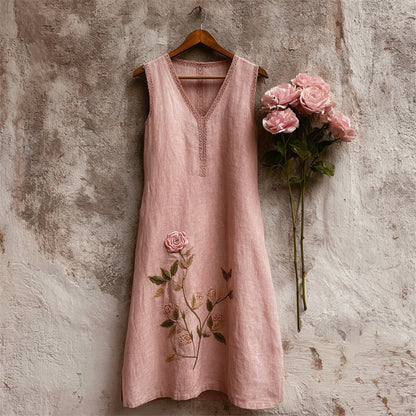 Vintage Classy Pink Rose Linen Tank Dress