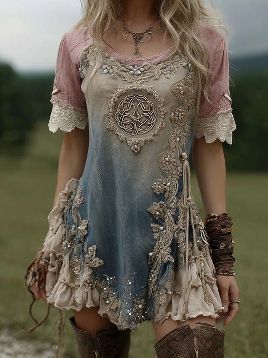 Women's Vintage Viking Celtic Knot Pattern Casual Round Neck Dress