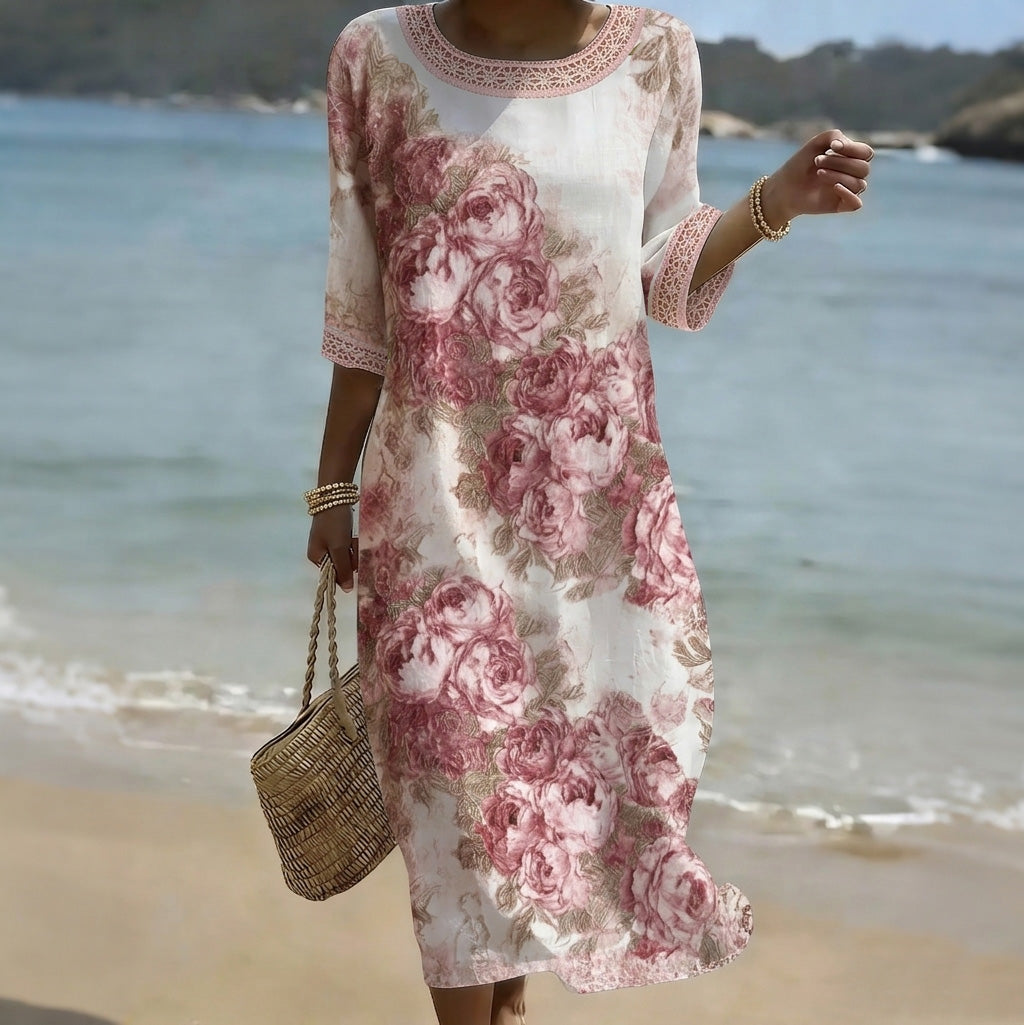 Women's Vintage Floral Art Print Linen Blend Dress