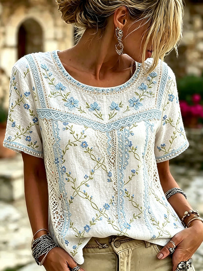 Women's Retro Floral Embroidered Patchwork Art Round Neck Linen Blend T-shirt