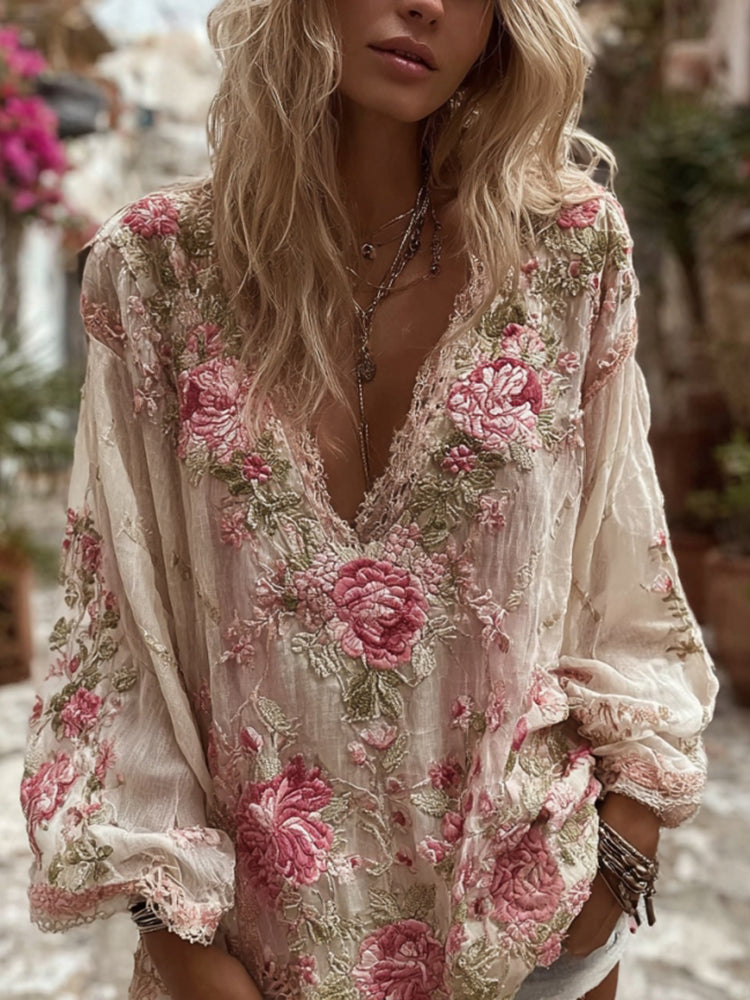 Women's Vintage Pink Floral Embroidered Art V-neck Linen Blend Blouse