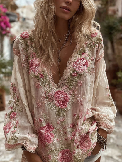 Women's Vintage Pink Floral Embroidered Art V-neck Linen Blend Blouse