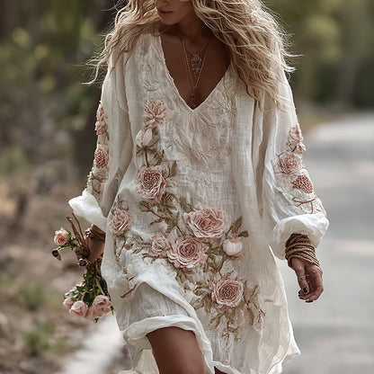 Women's Roses Art Print Flowy Linen Blend Casual Maxi Dress