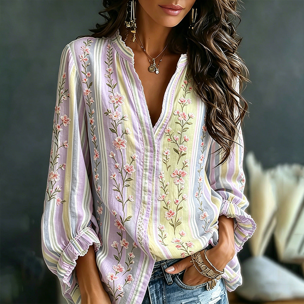 Women's Pink Floral Art Embroidery Spliced Striped Comfortable Cotton Linen V-neck Long Sleeve Top