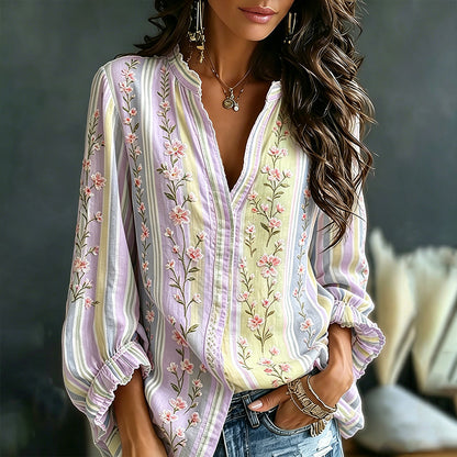 Women's Pink Floral Art Embroidery Spliced Striped Comfortable Cotton Linen V-neck Long Sleeve Top