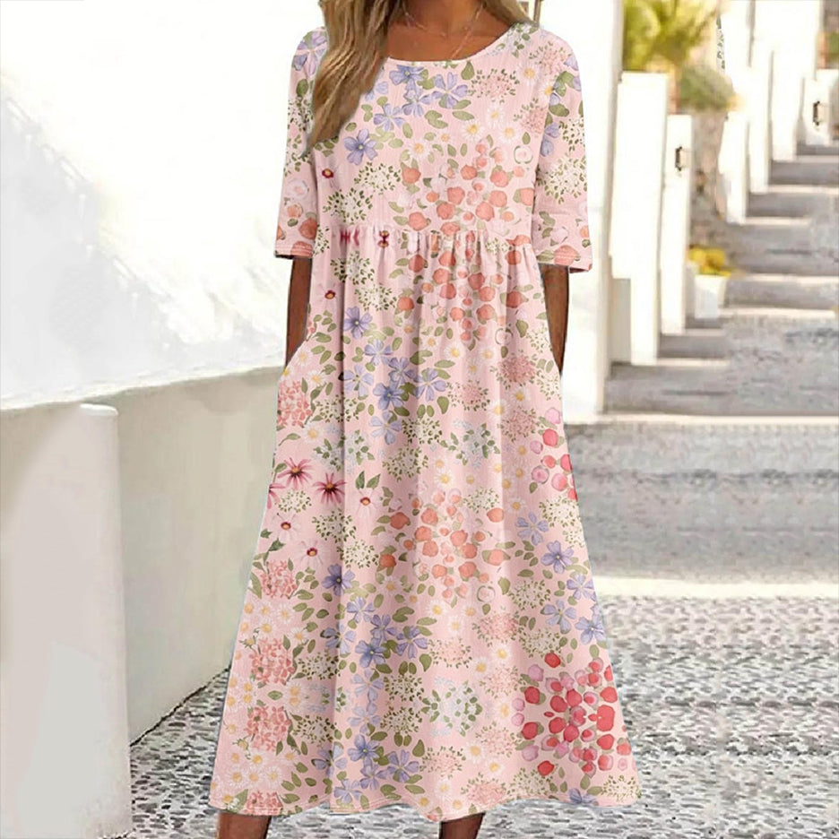 Women's Floral Print Crew Neck Linen Blend Casual Midi Dress