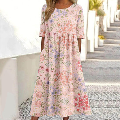 Women's Floral Print Crew Neck Linen Blend Casual Midi Dress