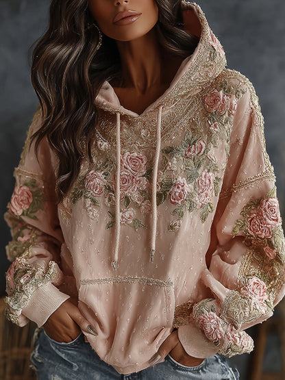 Women's Floral Embroidered Art Print Casual Hoodie