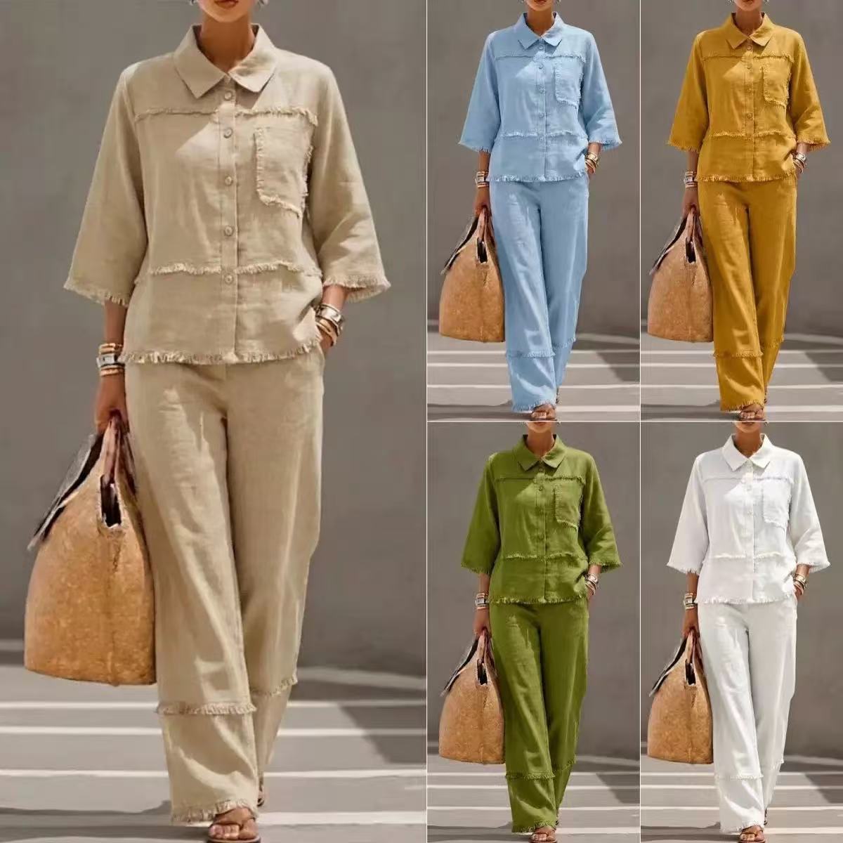 🎁New Arrivals🔥Casual Frayed-hem Linen And Cotton Shirt And Pants Two-piece Set