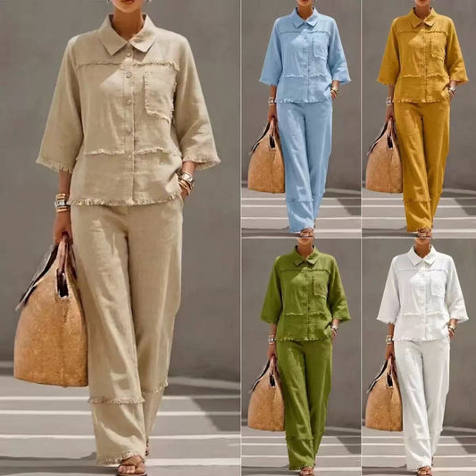 🎁New Arrivals🔥Casual Frayed-hem Linen And Cotton Shirt And Pants Two-piece Set
