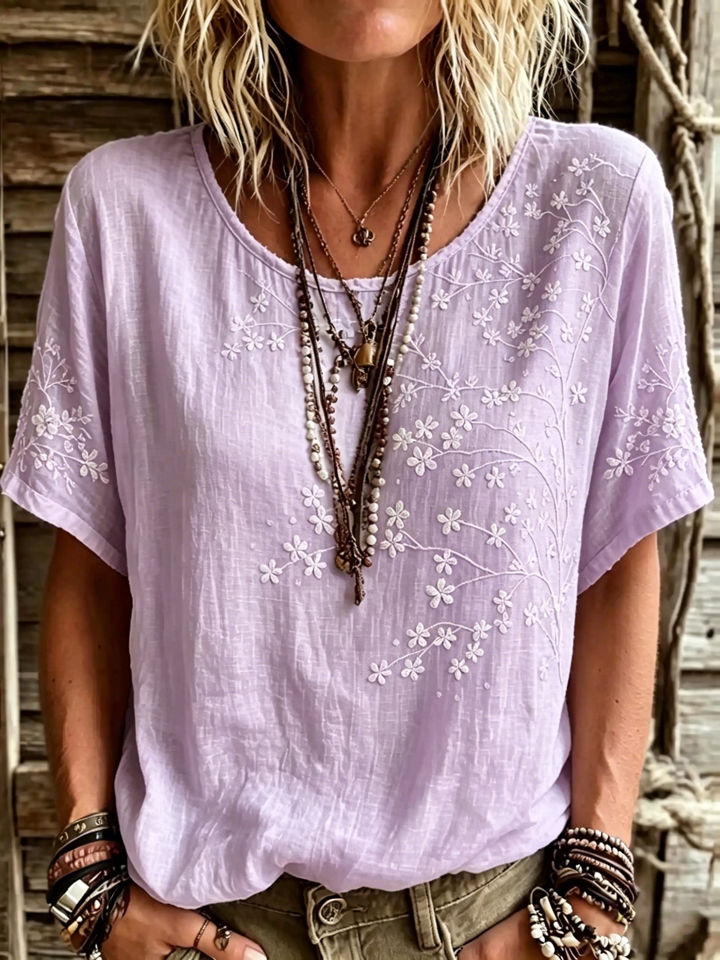 Women's Vintage Floral Art Linen Blend T-shirt