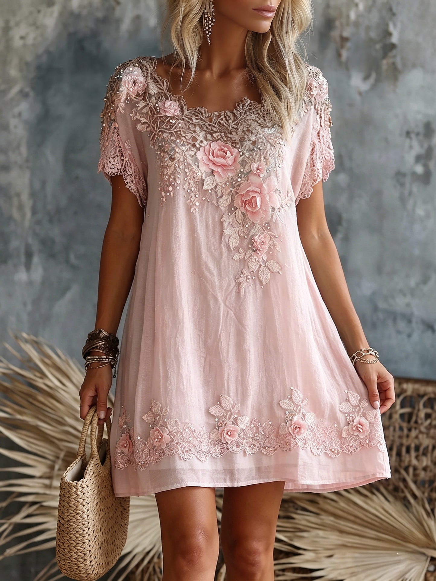 Women's Retro Rose Floral Embroidery Pattern Short Sleeve Linen Dress