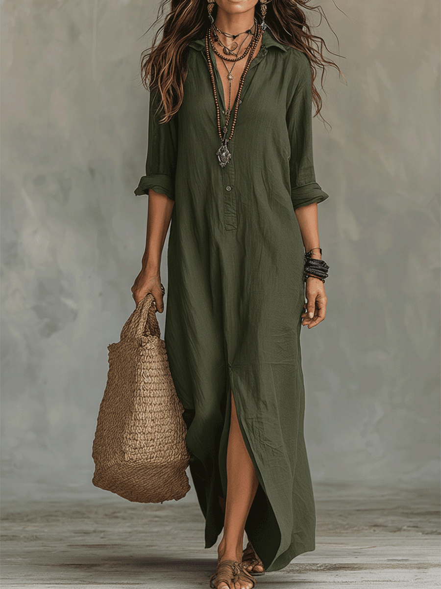 📦📦Mother's Day Sale 49% Off ⏰Black Button-Front Bohemian Shirt Maxi Dress