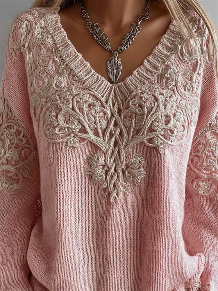 Vintage Pink Tree Of Life V Neck Cozy Knit Sweater