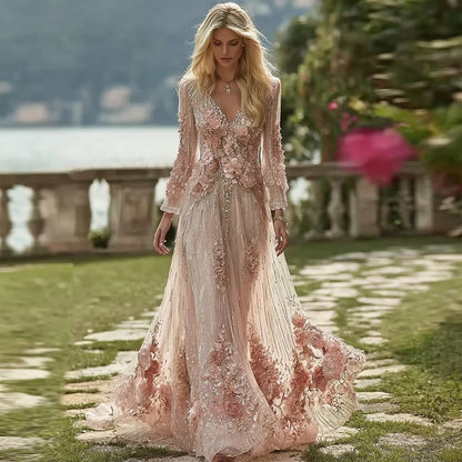 Vintage Boho Floral Embroidered Glitter Flowy Linen Maxi Dress