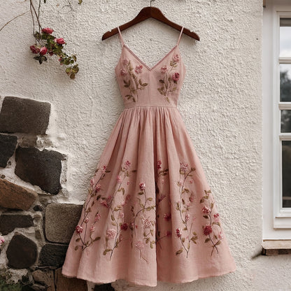Women's Vintage Pink Roses Floral Art Flowy Linen Blend Casual Maxi Dress