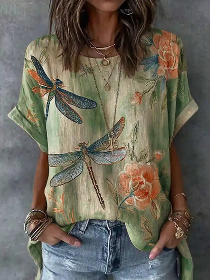 Vintage Dragonfly And  Floral Pattern Linen Blend Short Sleeve Tops