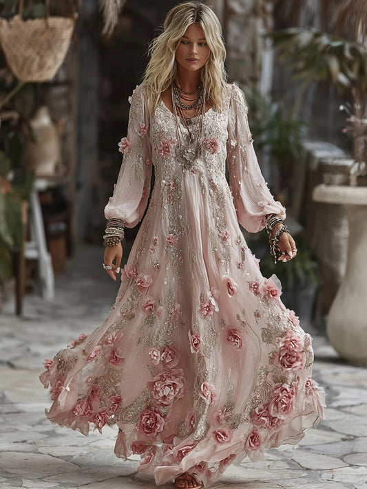 Women's Bohemia Pink Flower Embroidery Art Crew Neck Long Sleeve Maxi Dress